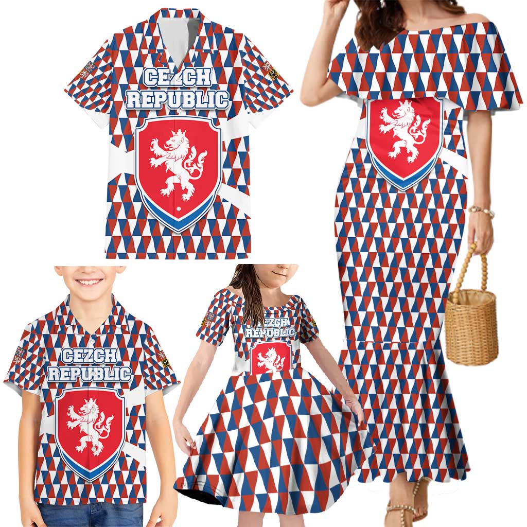 Czech Republic Family Matching Mermaid Dress and Hawaiian Shirt with Red Blue Geometric Design and National Lion Shield - Wonder Print Shop