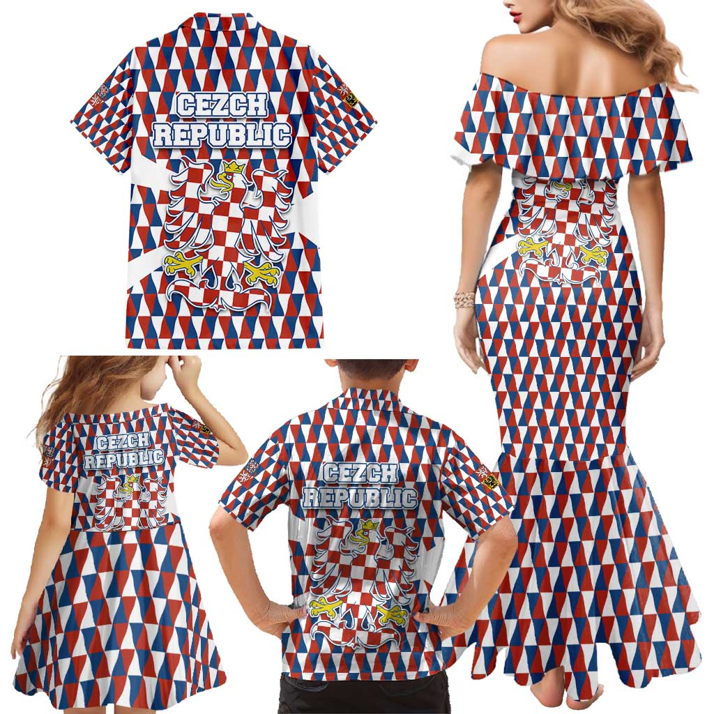 Czech Republic Family Matching Mermaid Dress and Hawaiian Shirt with Red Blue Geometric Design and National Lion Shield - Wonder Print Shop