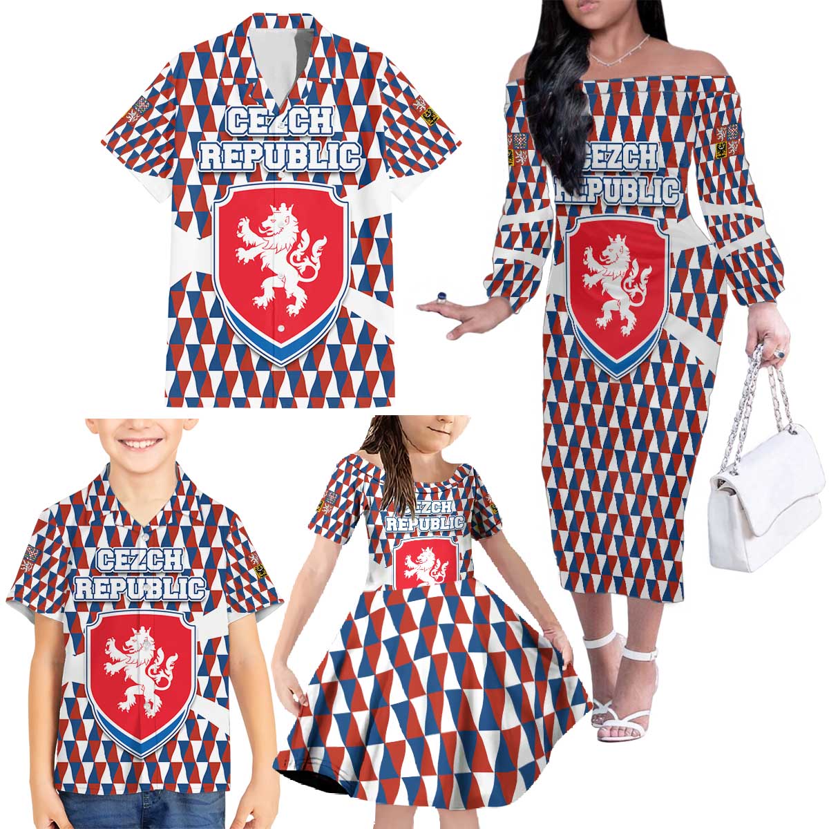 Czech Republic Family Matching Off The Shoulder Long Sleeve Dress and Hawaiian Shirt with Red Blue Geometric Design and National Lion Shield - Wonder Print Shop