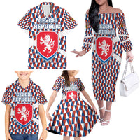 Czech Republic Family Matching Off The Shoulder Long Sleeve Dress and Hawaiian Shirt with Red Blue Geometric Design and National Lion Shield - Wonder Print Shop