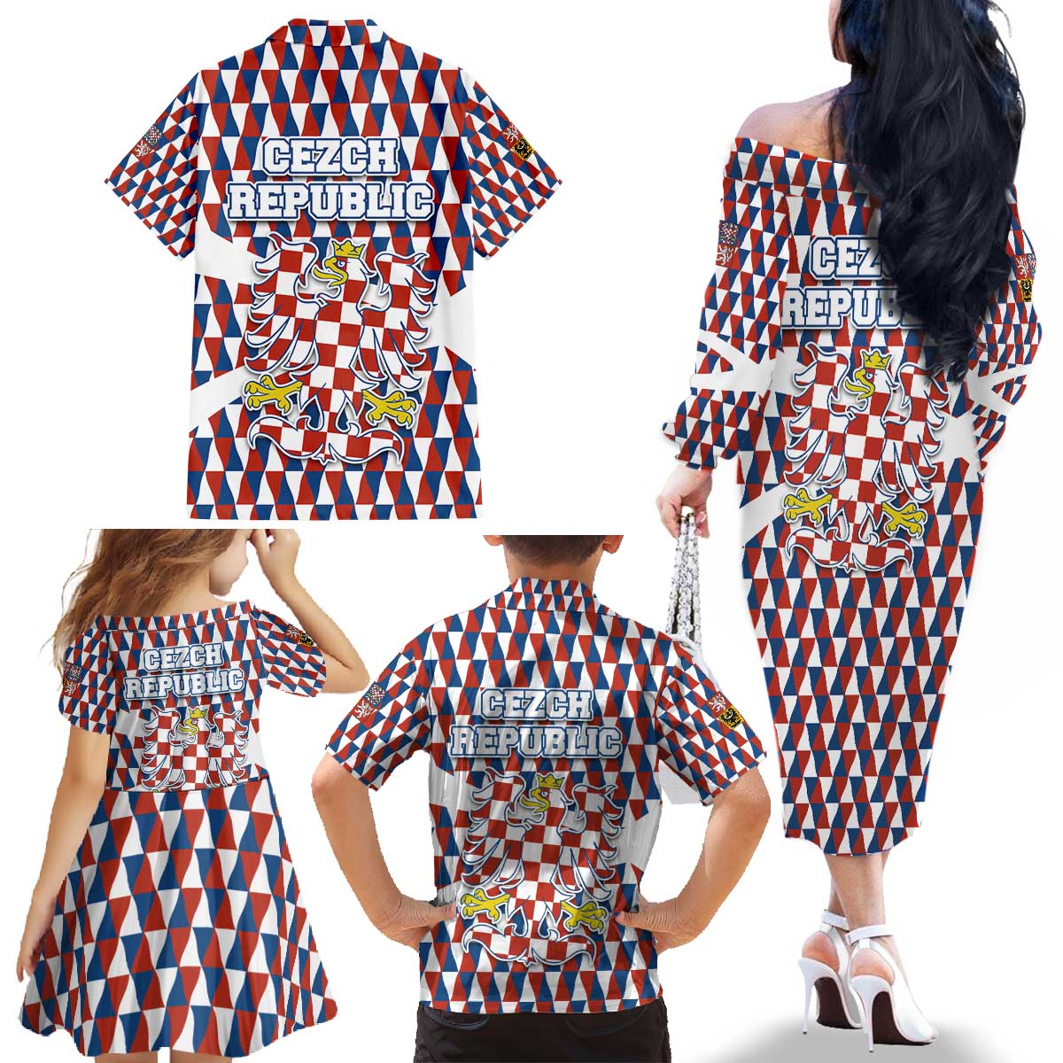 Czech Republic Family Matching Off The Shoulder Long Sleeve Dress and Hawaiian Shirt with Red Blue Geometric Design and National Lion Shield - Wonder Print Shop