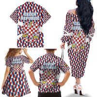 Czech Republic Family Matching Off The Shoulder Long Sleeve Dress and Hawaiian Shirt with Red Blue Geometric Design and National Lion Shield - Wonder Print Shop