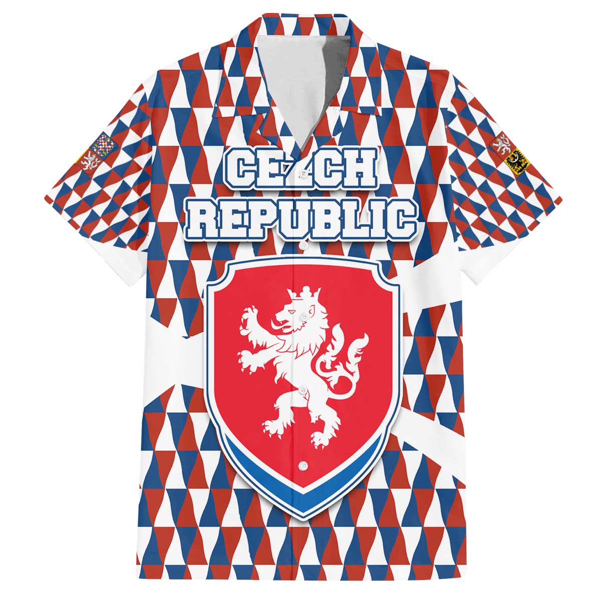 Czech Republic Family Matching Off The Shoulder Long Sleeve Dress and Hawaiian Shirt with Red Blue Geometric Design and National Lion Shield - Wonder Print Shop