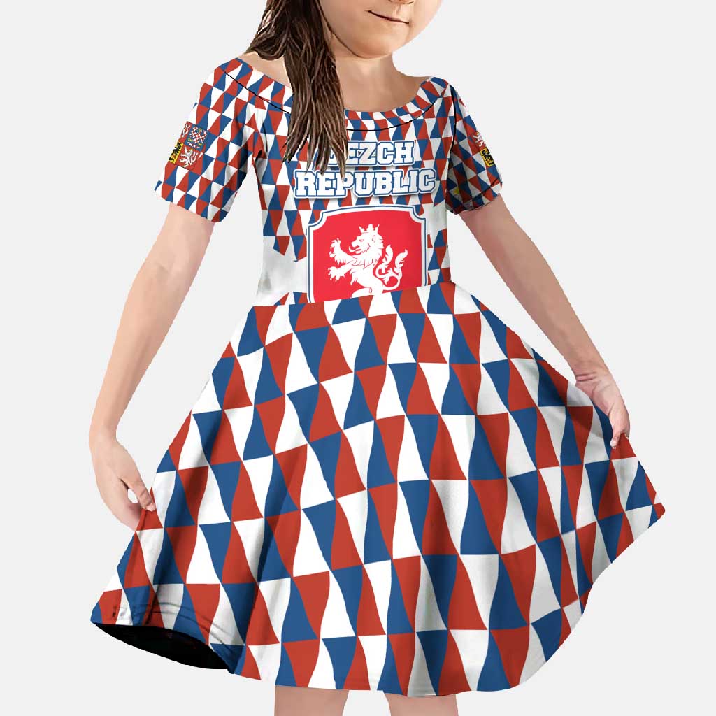 Czech Republic Family Matching Off Shoulder Maxi Dress and Hawaiian Shirt with Red Blue Geometric Design and National Lion Shield - Wonder Print Shop