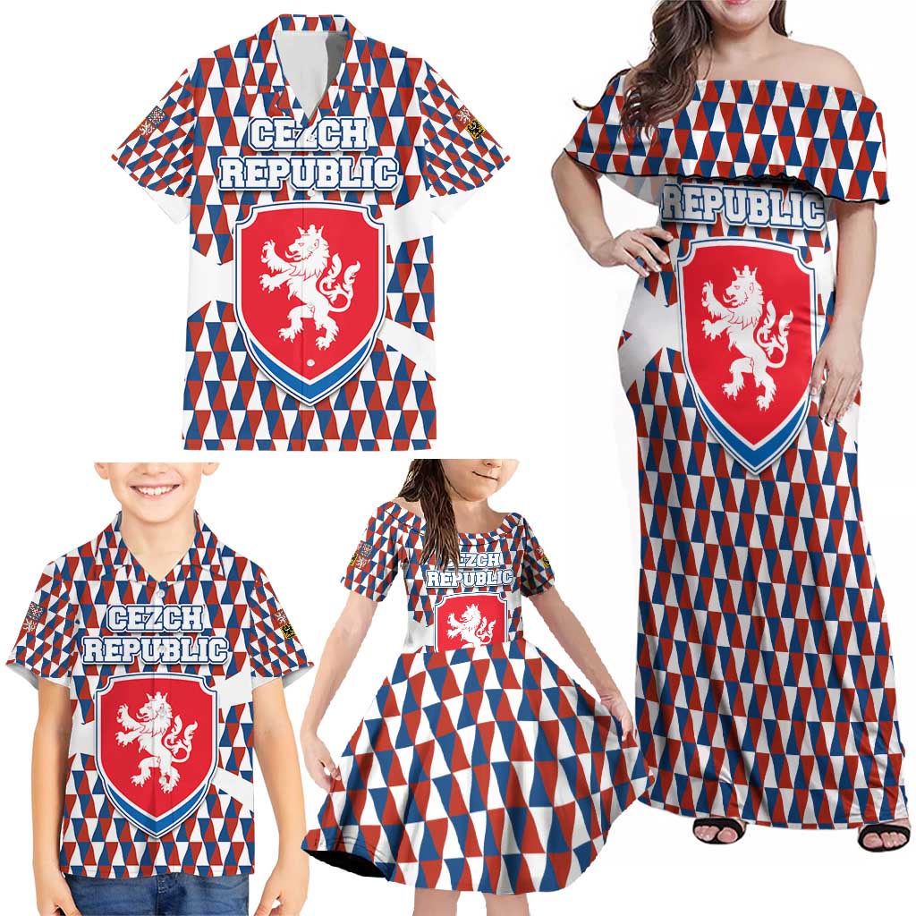 Czech Republic Family Matching Off Shoulder Maxi Dress and Hawaiian Shirt with Red Blue Geometric Design and National Lion Shield - Wonder Print Shop