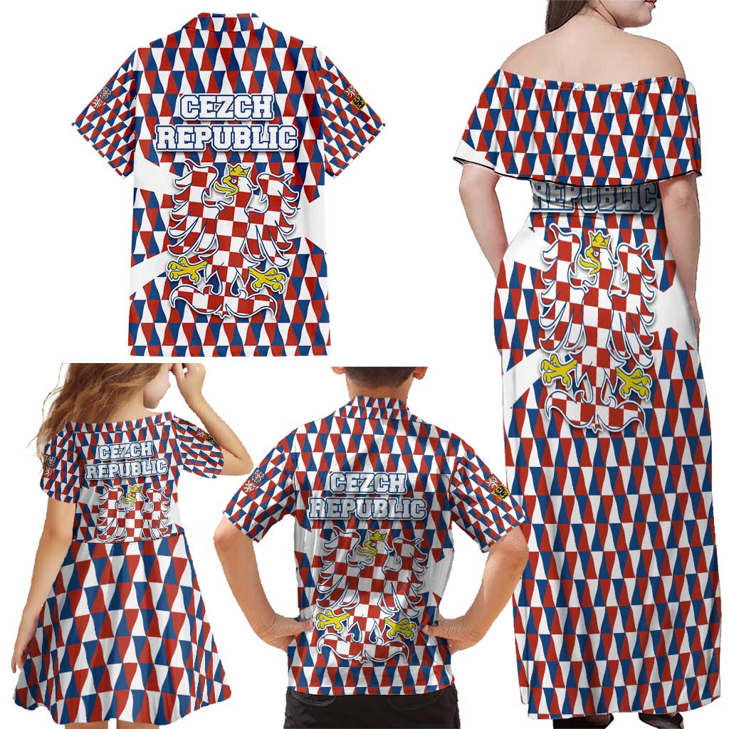 Czech Republic Family Matching Off Shoulder Maxi Dress and Hawaiian Shirt with Red Blue Geometric Design and National Lion Shield - Wonder Print Shop