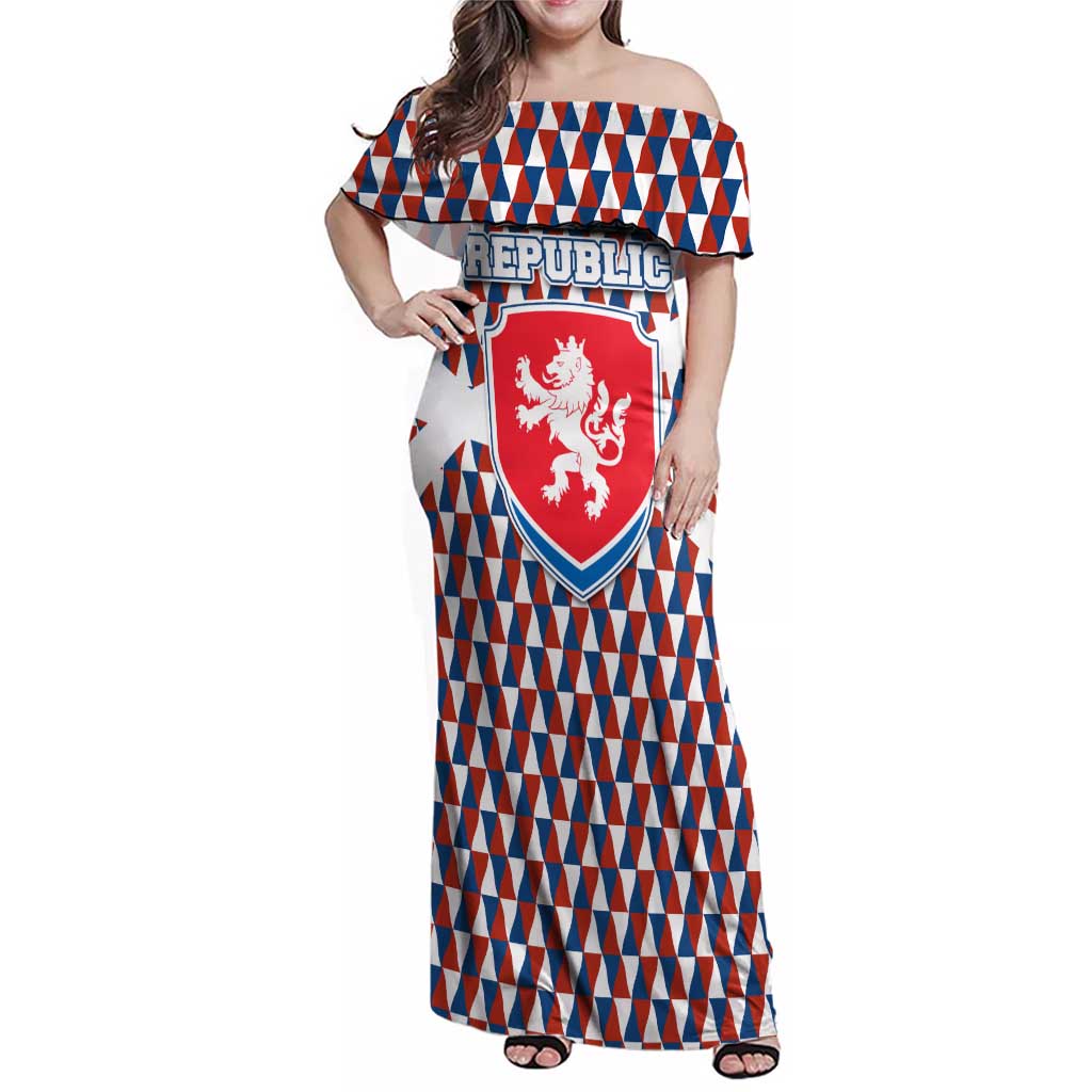 Czech Republic Family Matching Off Shoulder Maxi Dress and Hawaiian Shirt with Red Blue Geometric Design and National Lion Shield - Wonder Print Shop