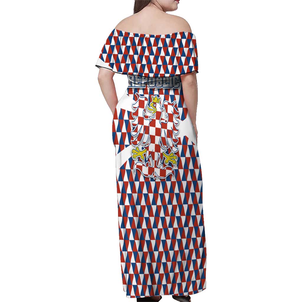 Czech Republic Family Matching Off Shoulder Maxi Dress and Hawaiian Shirt with Red Blue Geometric Design and National Lion Shield - Wonder Print Shop