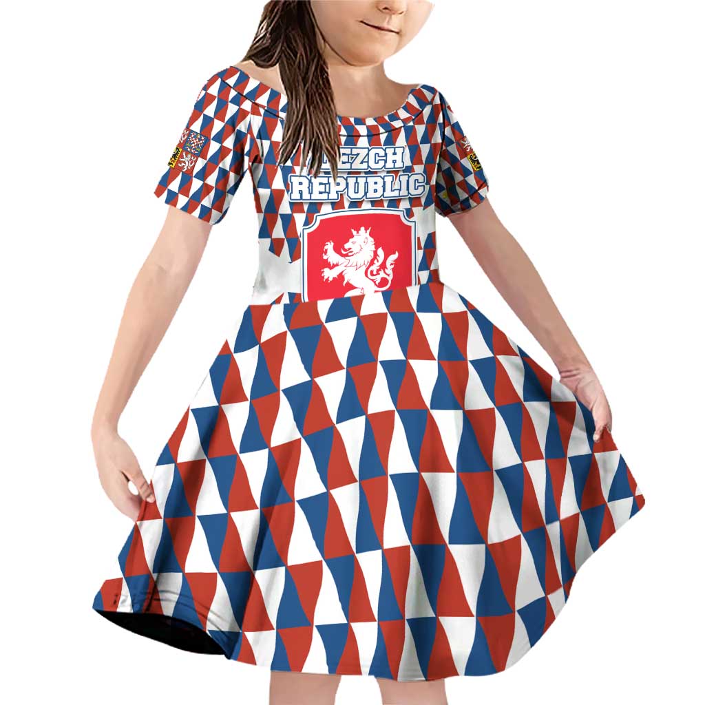 Czech Republic Family Matching Off Shoulder Short Dress and Hawaiian Shirt with Red Blue Geometric Design and National Lion Shield - Wonder Print Shop