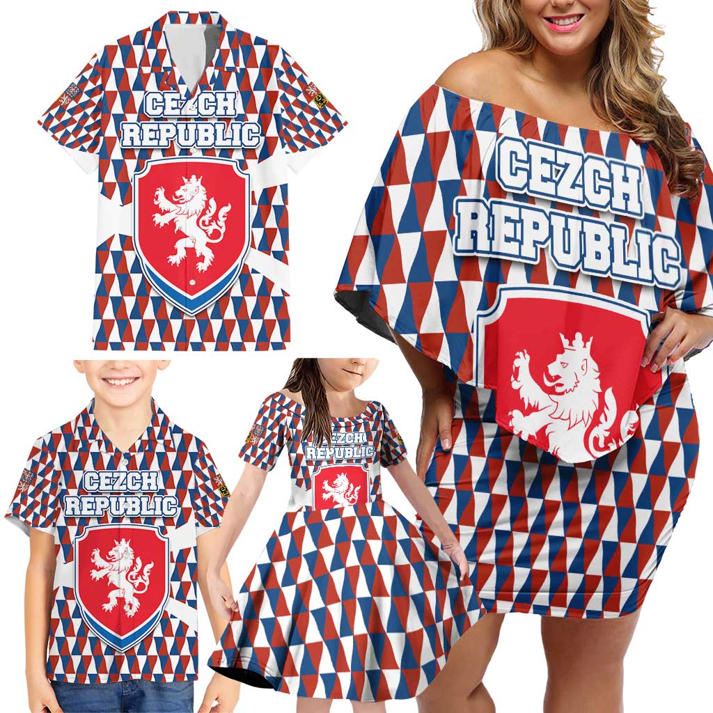 Czech Republic Family Matching Off Shoulder Short Dress and Hawaiian Shirt with Red Blue Geometric Design and National Lion Shield - Wonder Print Shop