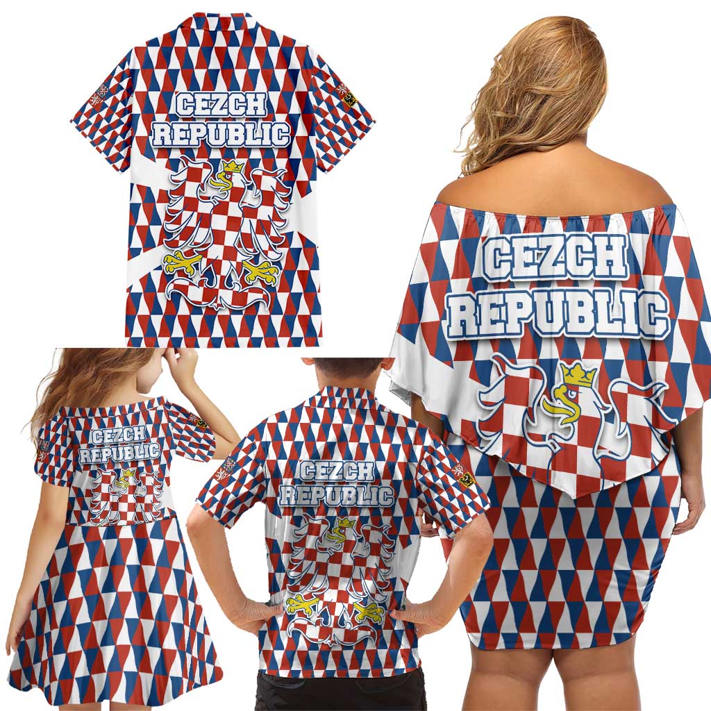Czech Republic Family Matching Off Shoulder Short Dress and Hawaiian Shirt with Red Blue Geometric Design and National Lion Shield - Wonder Print Shop