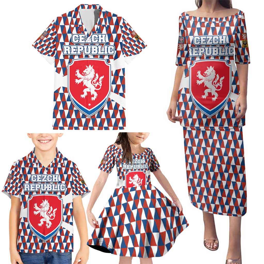 Czech Republic Family Matching Puletasi and Hawaiian Shirt with Red Blue Geometric Design and National Lion Shield - Wonder Print Shop