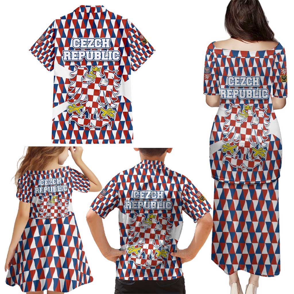 Czech Republic Family Matching Puletasi and Hawaiian Shirt with Red Blue Geometric Design and National Lion Shield - Wonder Print Shop