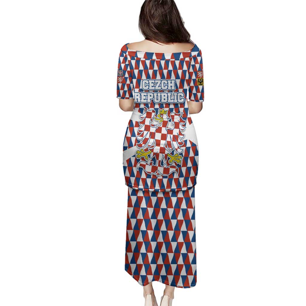 Czech Republic Family Matching Puletasi and Hawaiian Shirt with Red Blue Geometric Design and National Lion Shield - Wonder Print Shop