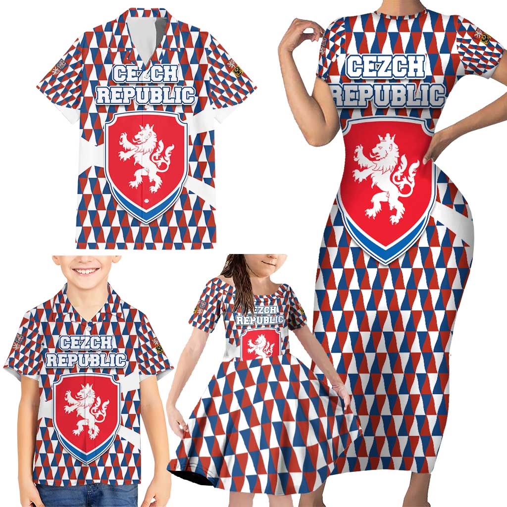 Czech Republic Family Matching Short Sleeve Bodycon Dress and Hawaiian Shirt with Red Blue Geometric Design and National Lion Shield - Wonder Print Shop
