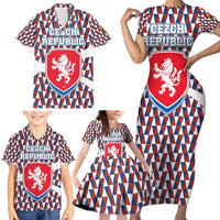 Czech Republic Family Matching Short Sleeve Bodycon Dress and Hawaiian Shirt with Red Blue Geometric Design and National Lion Shield - Wonder Print Shop