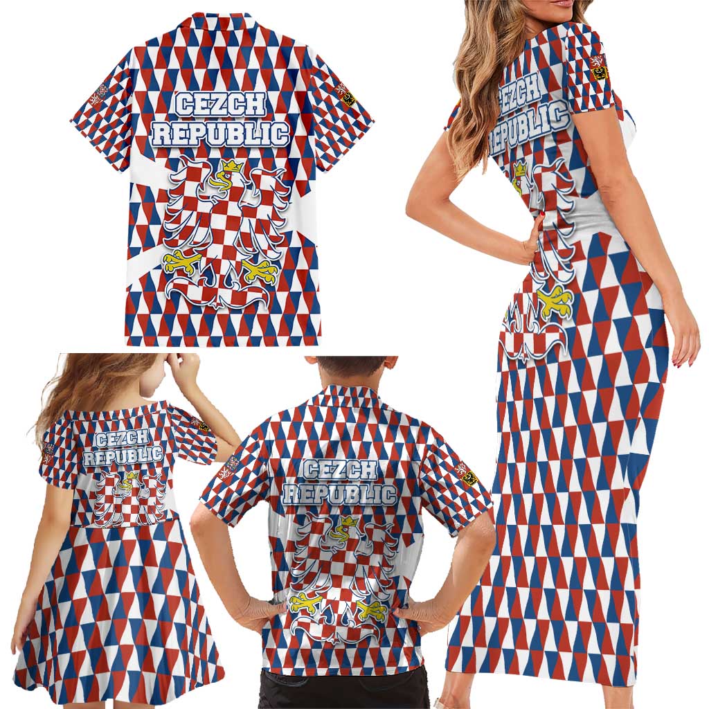 Czech Republic Family Matching Short Sleeve Bodycon Dress and Hawaiian Shirt with Red Blue Geometric Design and National Lion Shield - Wonder Print Shop
