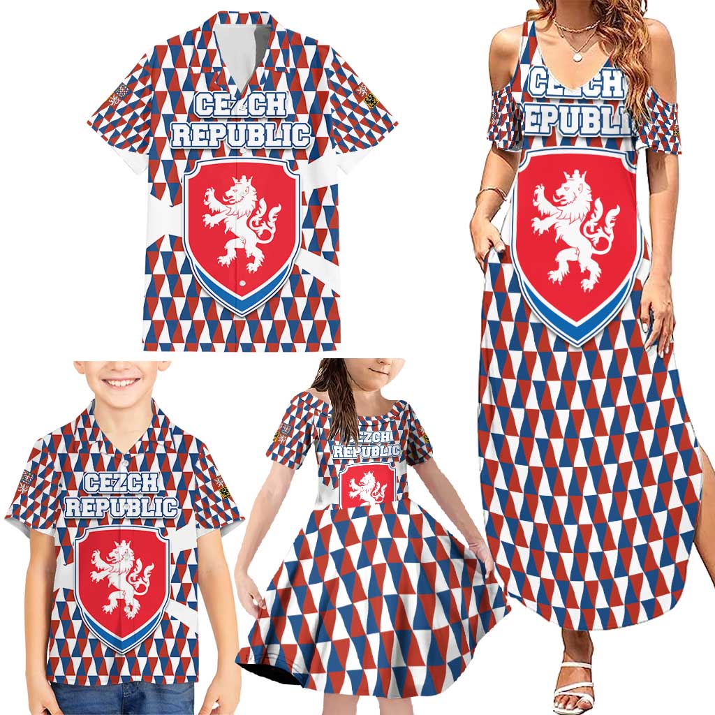 Czech Republic Family Matching Summer Maxi Dress and Hawaiian Shirt with Red Blue Geometric Design and National Lion Shield - Wonder Print Shop