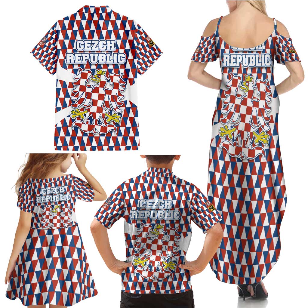 Czech Republic Family Matching Summer Maxi Dress and Hawaiian Shirt with Red Blue Geometric Design and National Lion Shield - Wonder Print Shop