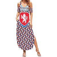 Czech Republic Family Matching Summer Maxi Dress and Hawaiian Shirt with Red Blue Geometric Design and National Lion Shield - Wonder Print Shop