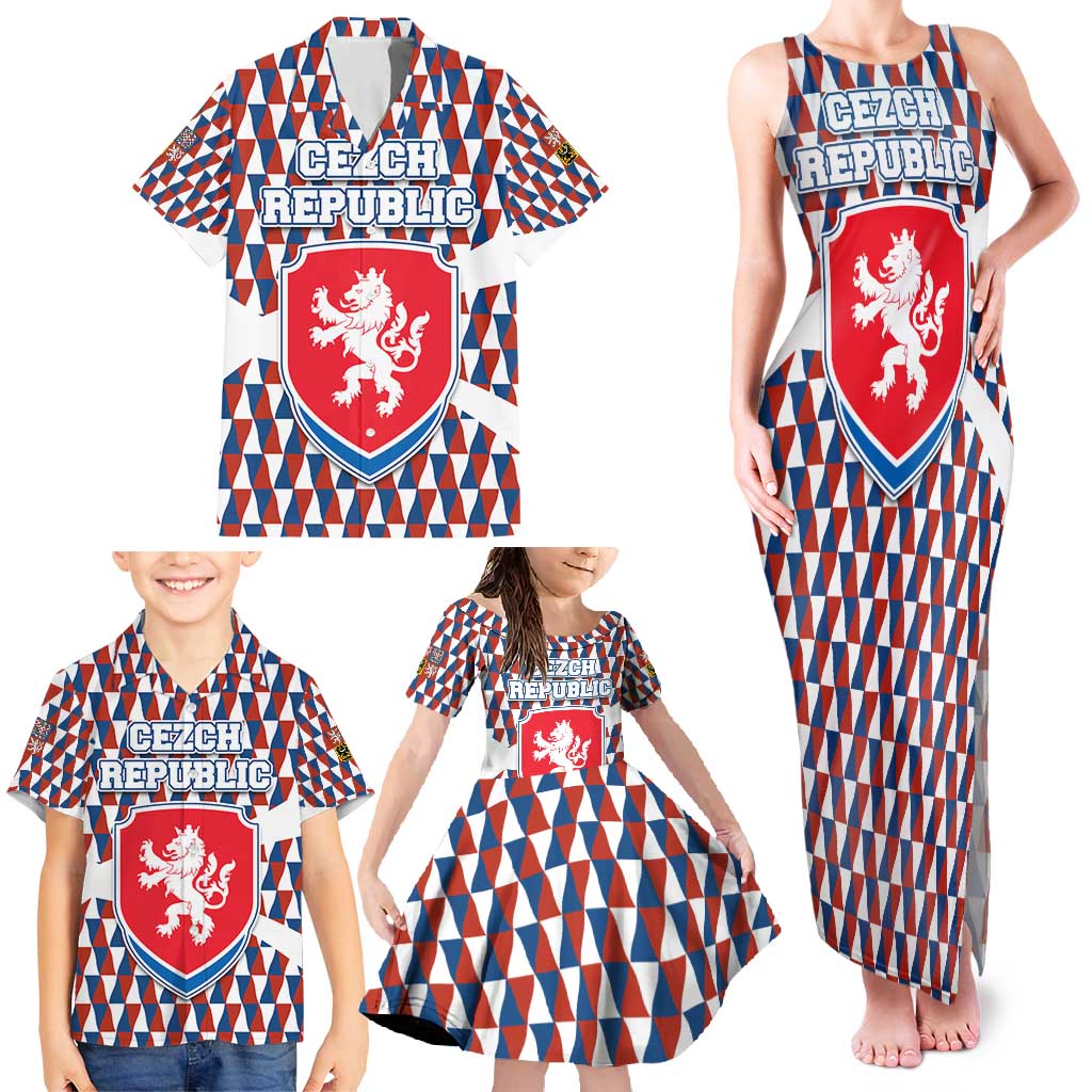 Czech Republic Family Matching Tank Maxi Dress and Hawaiian Shirt with Red Blue Geometric Design and National Lion Shield - Wonder Print Shop