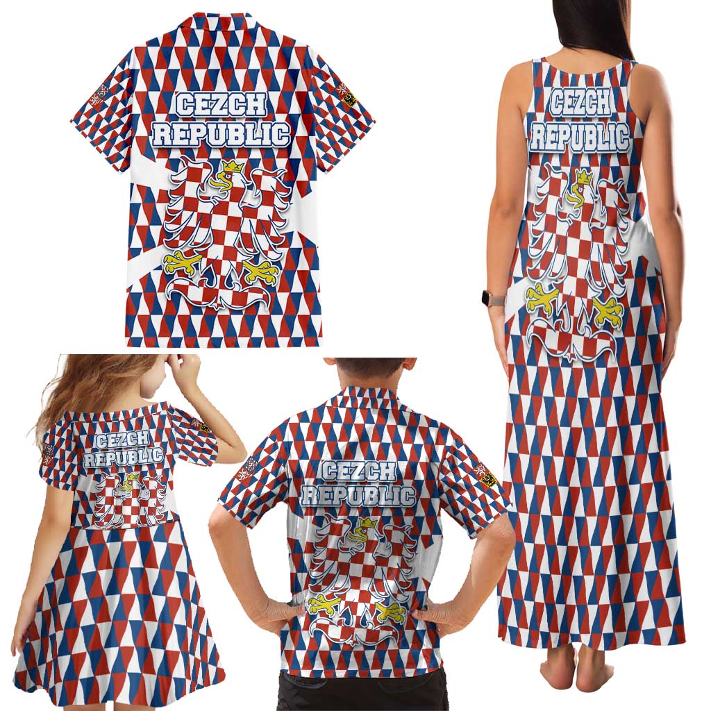 Czech Republic Family Matching Tank Maxi Dress and Hawaiian Shirt with Red Blue Geometric Design and National Lion Shield - Wonder Print Shop