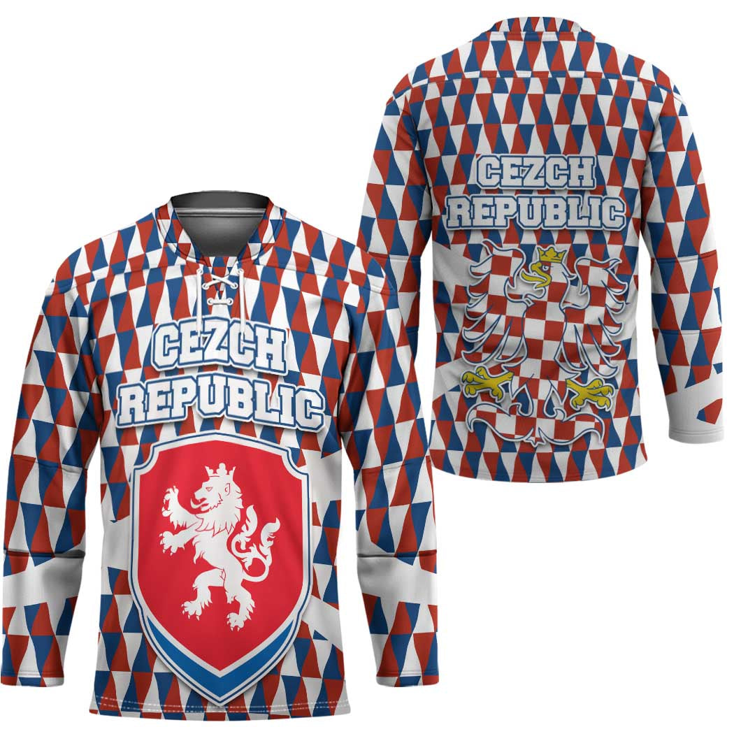 Czech Republic Hockey Jersey with Red Blue Geometric Design and National Lion Shield - Wonder Print Shop