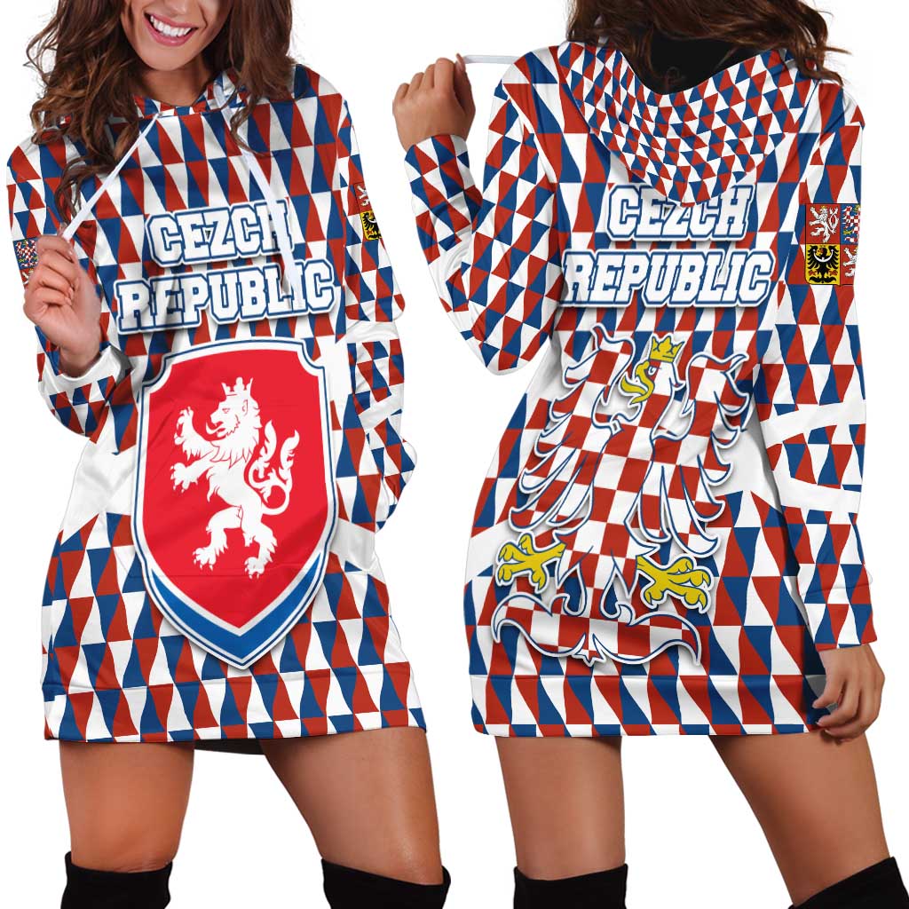 Czech Republic Hoodie Dress with Red Blue Geometric Design and National Lion Shield - Wonder Print Shop