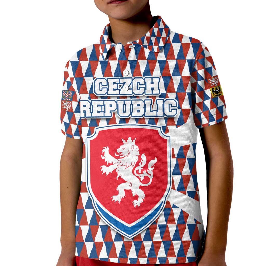 Czech Republic Kid Polo Shirt with Red Blue Geometric Design and National Lion Shield - Wonder Print Shop