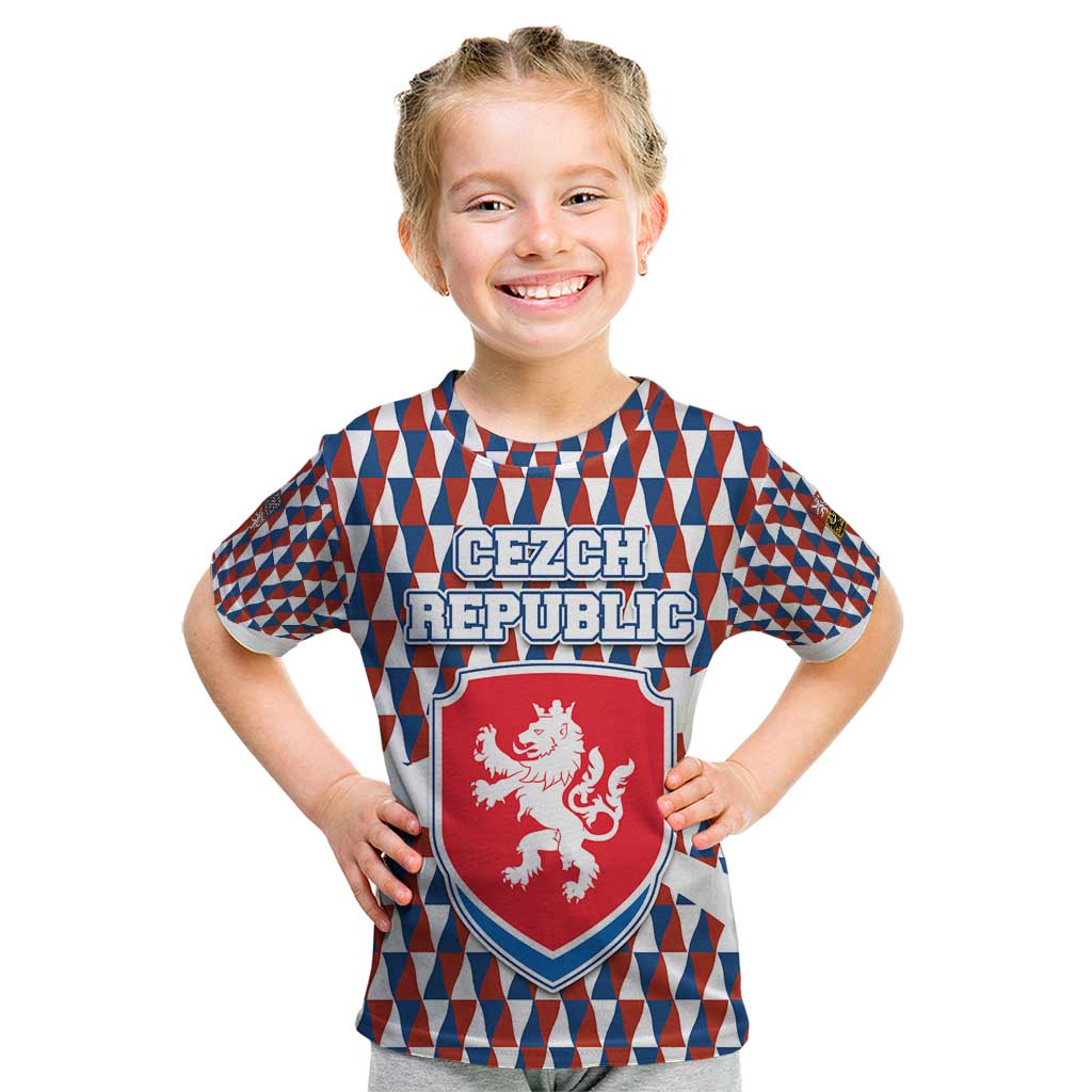 Czech Republic Kid T Shirt with Red Blue Geometric Design and National Lion Shield - Wonder Print Shop