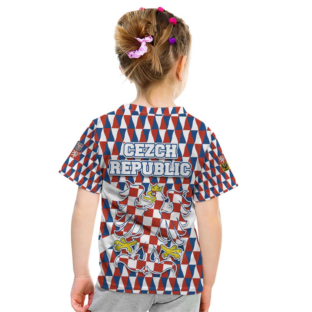 Czech Republic Kid T Shirt with Red Blue Geometric Design and National Lion Shield - Wonder Print Shop