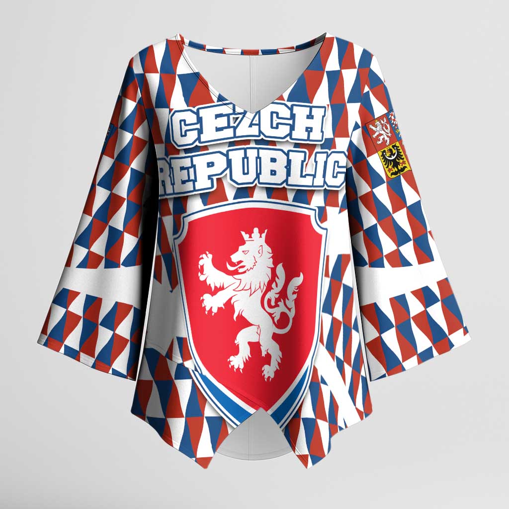 Czech Republic Kimono Sleeve Blouse with Red Blue Geometric Design and National Lion Shield - Wonder Print Shop