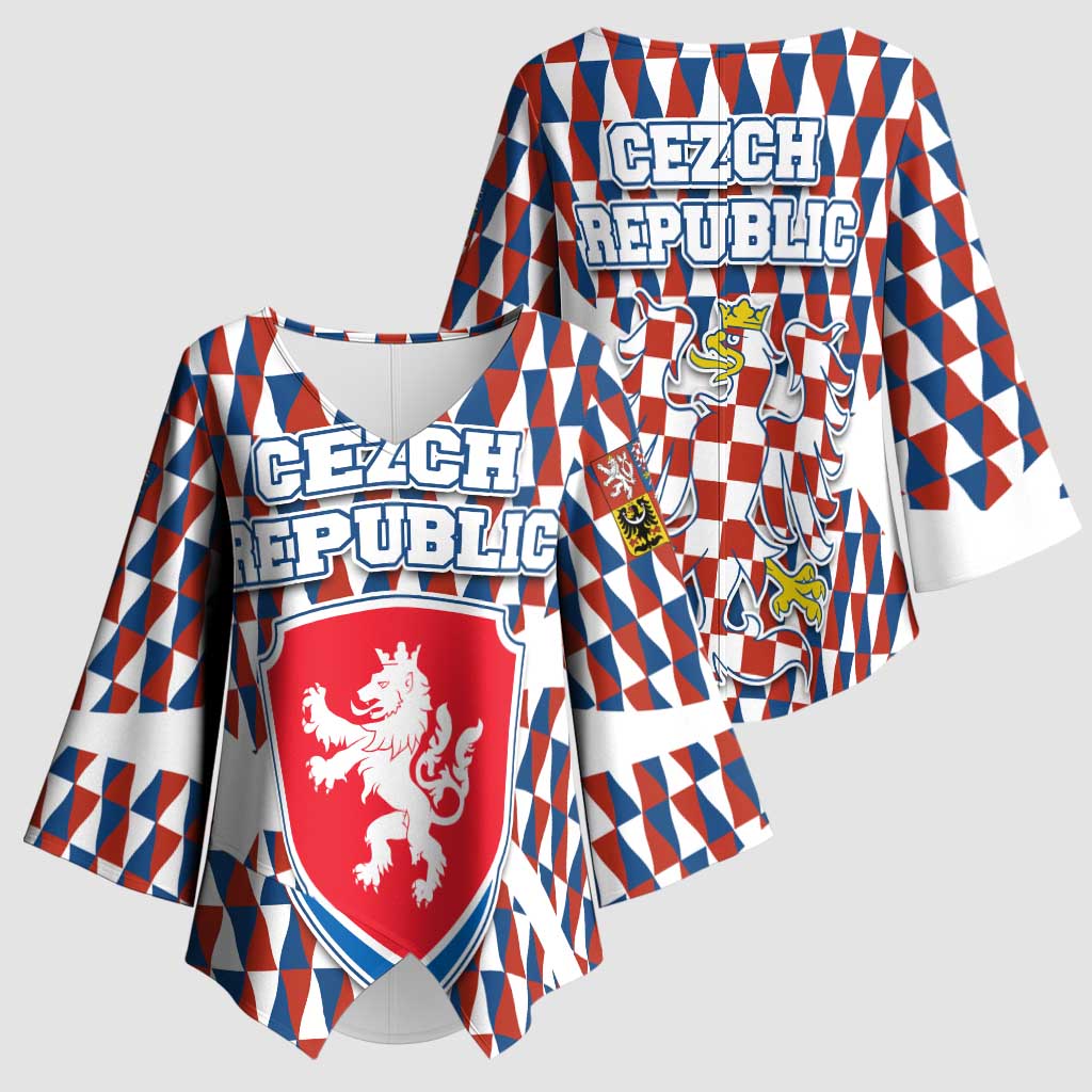 Czech Republic Kimono Sleeve Blouse with Red Blue Geometric Design and National Lion Shield - Wonder Print Shop