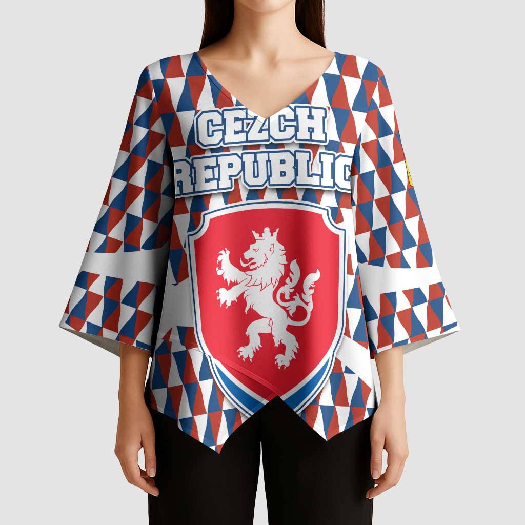 Czech Republic Kimono Sleeve Blouse with Red Blue Geometric Design and National Lion Shield - Wonder Print Shop