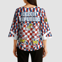 Czech Republic Kimono Sleeve Blouse with Red Blue Geometric Design and National Lion Shield - Wonder Print Shop