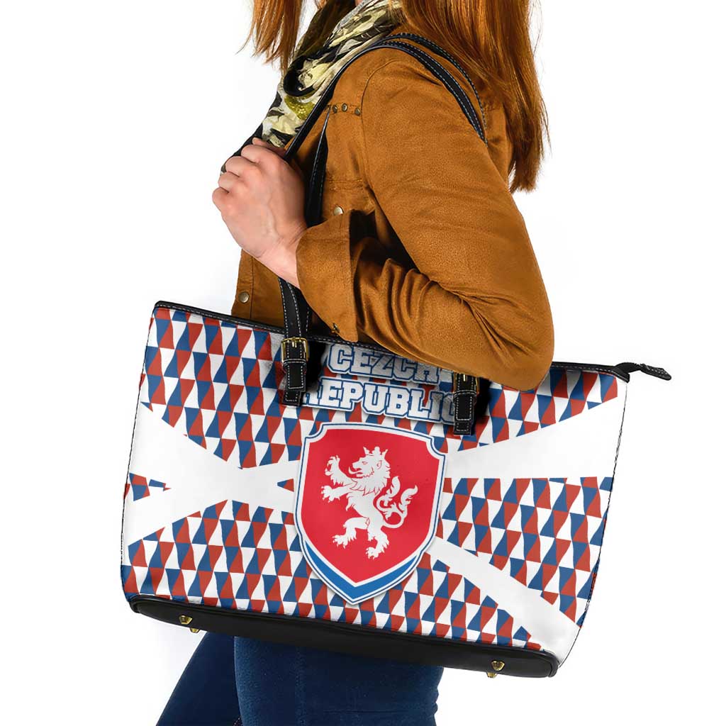 Czech Republic Leather Tote Bag with Red Blue Geometric Design and National Lion Shield - Wonder Print Shop