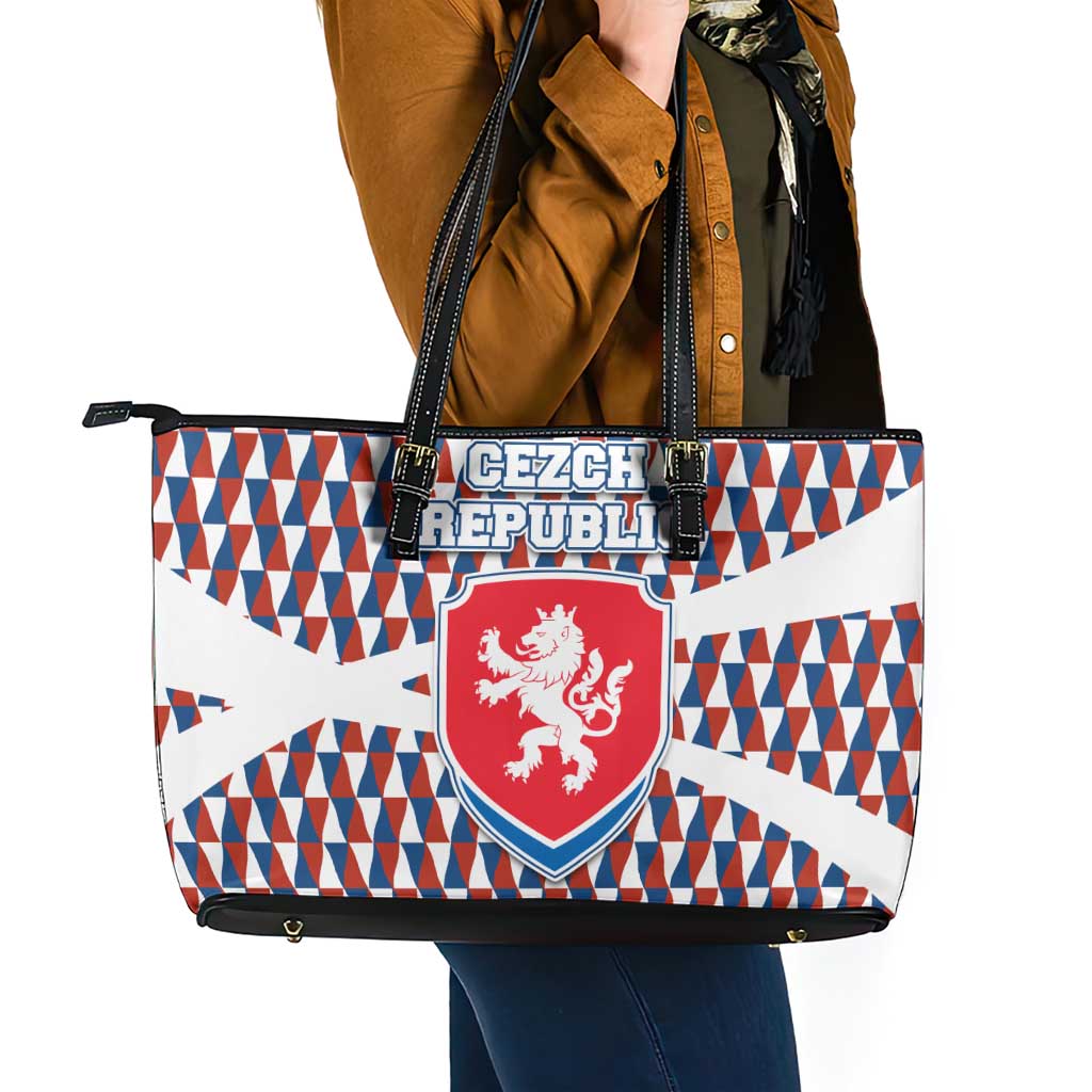 Czech Republic Leather Tote Bag with Red Blue Geometric Design and National Lion Shield - Wonder Print Shop
