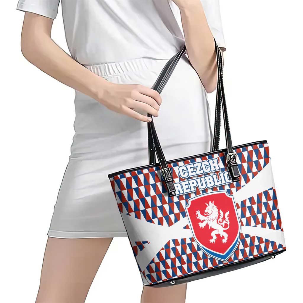Czech Republic Leather Tote Bag with Red Blue Geometric Design and National Lion Shield - Wonder Print Shop