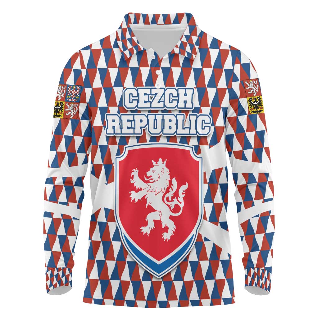 Czech Republic Long Sleeve Polo Shirt with Red Blue Geometric Design and National Lion Shield - Wonder Print Shop