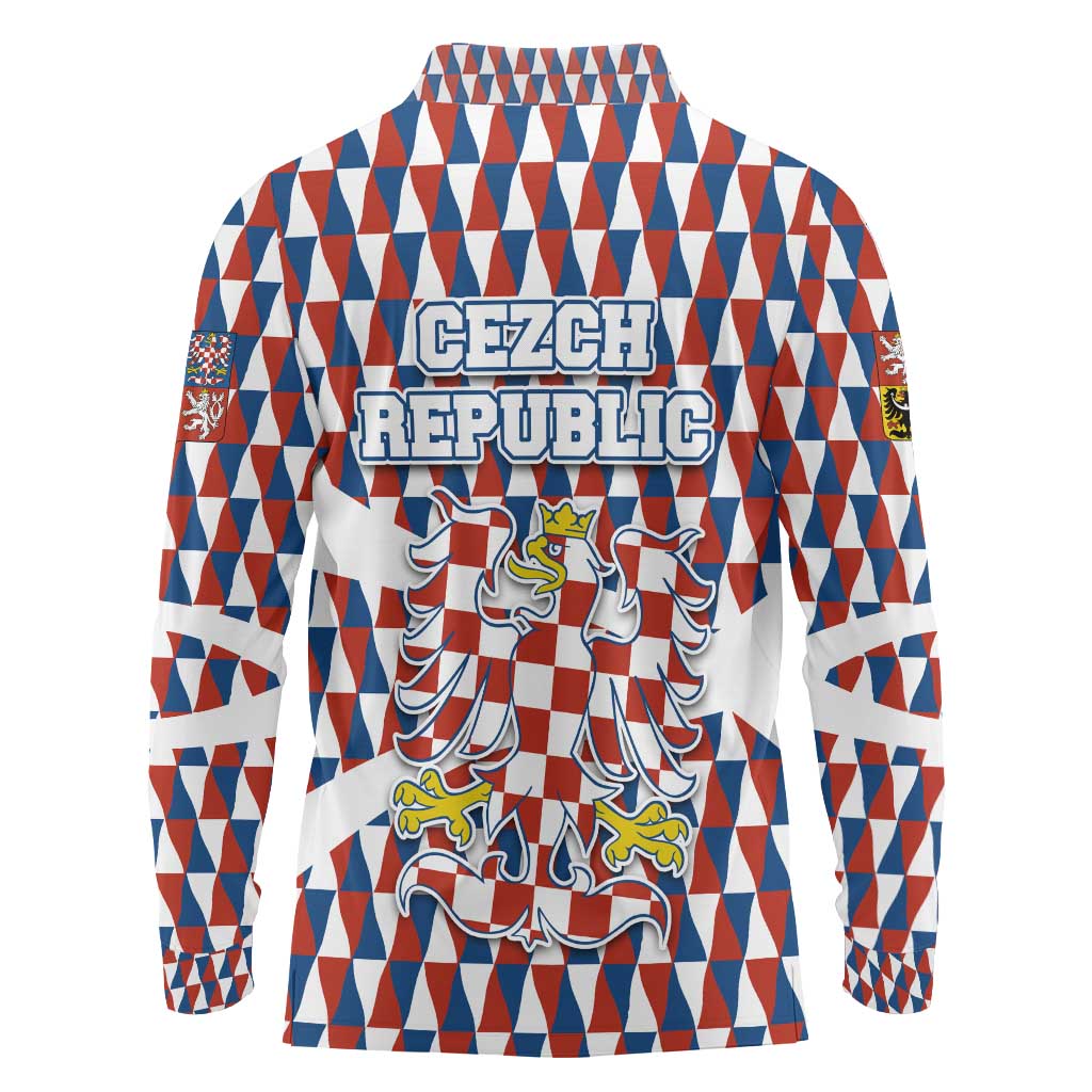 Czech Republic Long Sleeve Polo Shirt with Red Blue Geometric Design and National Lion Shield - Wonder Print Shop