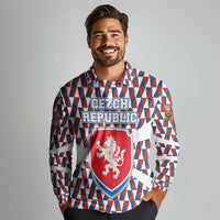 Czech Republic Long Sleeve Polo Shirt with Red Blue Geometric Design and National Lion Shield - Wonder Print Shop