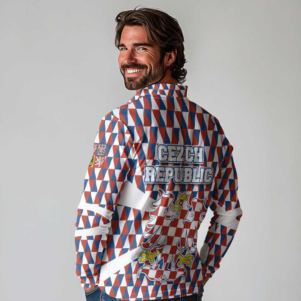 Czech Republic Long Sleeve Polo Shirt with Red Blue Geometric Design and National Lion Shield - Wonder Print Shop