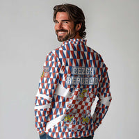 Czech Republic Long Sleeve Polo Shirt with Red Blue Geometric Design and National Lion Shield - Wonder Print Shop