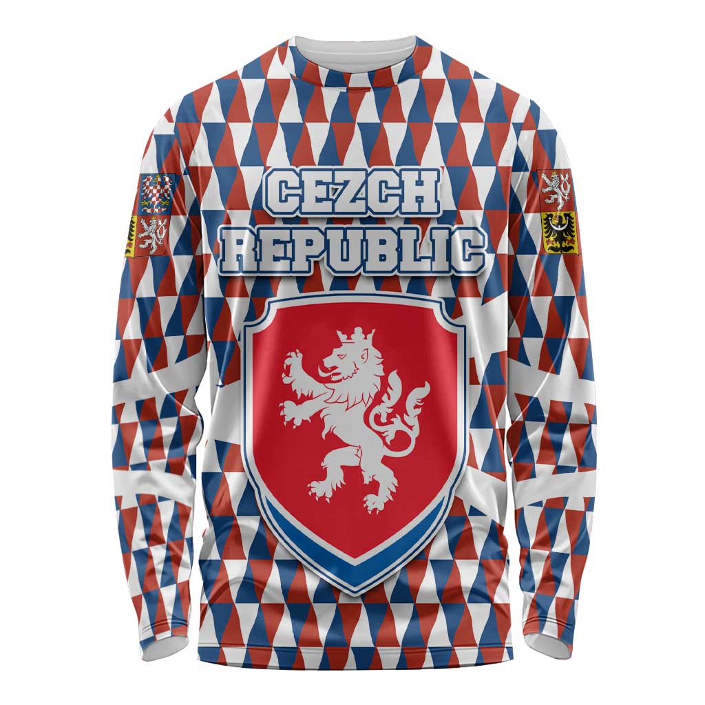 Czech Republic Long Sleeve Shirt with Red Blue Geometric Design and National Lion Shield - Wonder Print Shop
