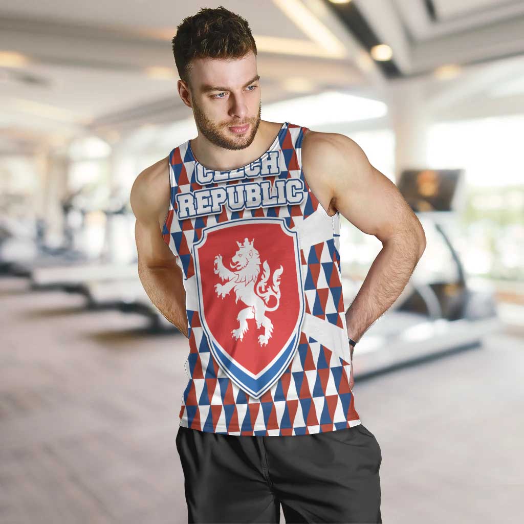 Czech Republic Men Tank Top with Red Blue Geometric Design and National Lion Shield - Wonder Print Shop
