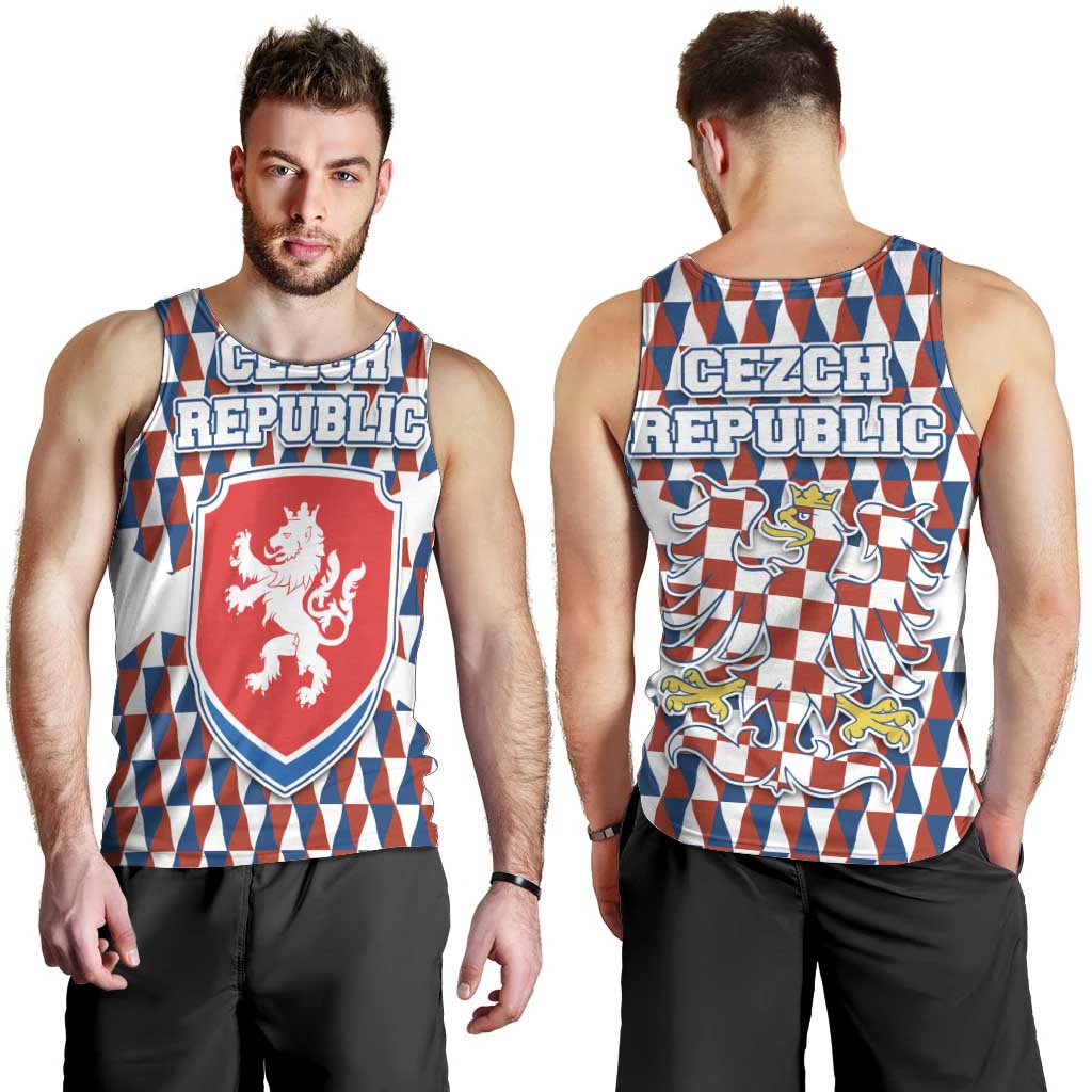 Czech Republic Men Tank Top with Red Blue Geometric Design and National Lion Shield - Wonder Print Shop