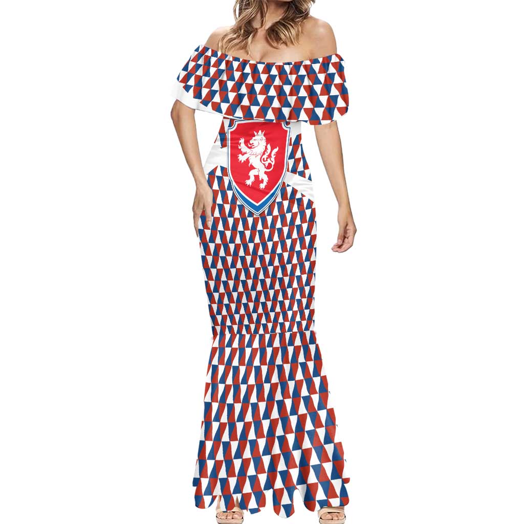Czech Republic Mermaid Dress with Red Blue Geometric Design and National Lion Shield - Wonder Print Shop