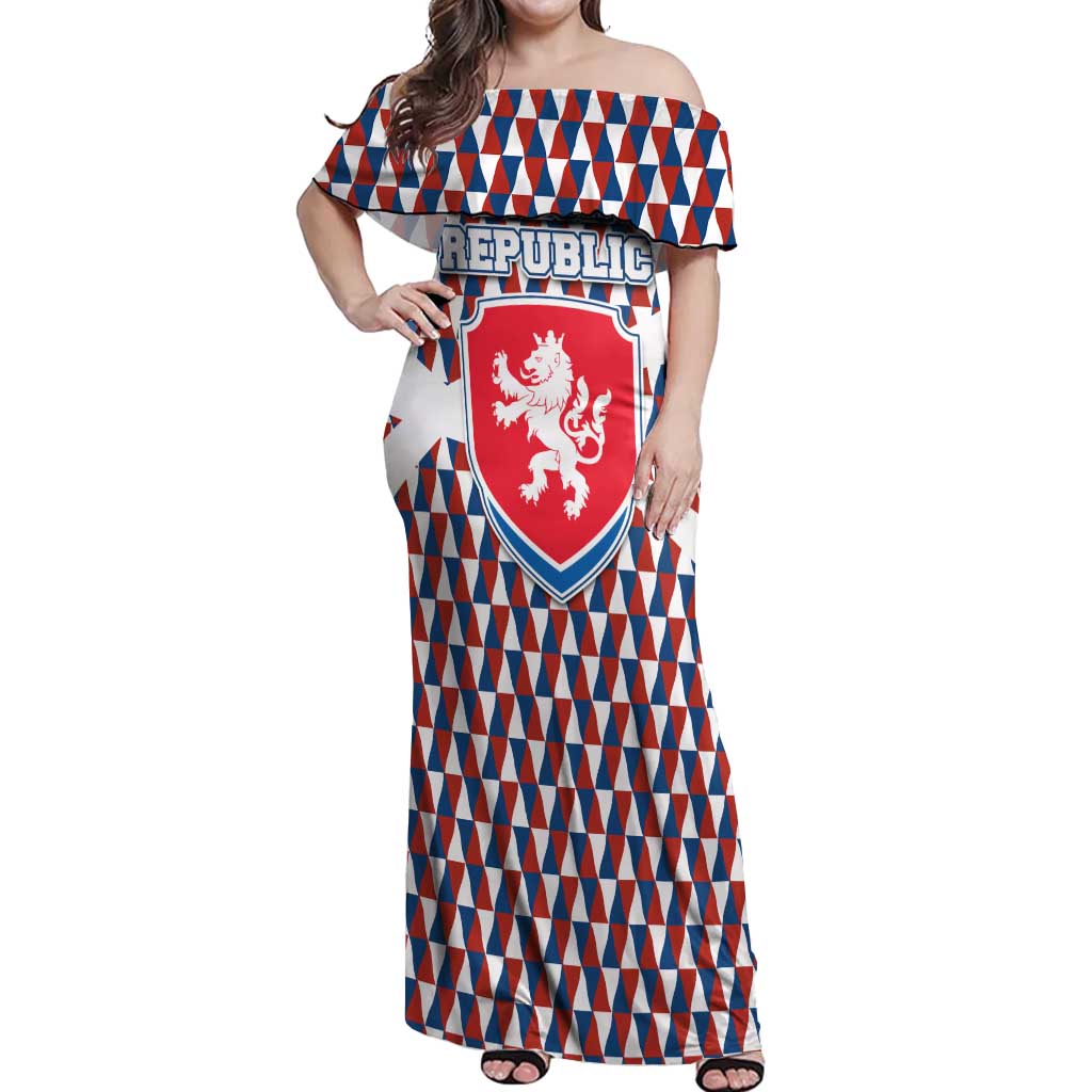 Czech Republic Off Shoulder Maxi Dress with Red Blue Geometric Design and National Lion Shield - Wonder Print Shop