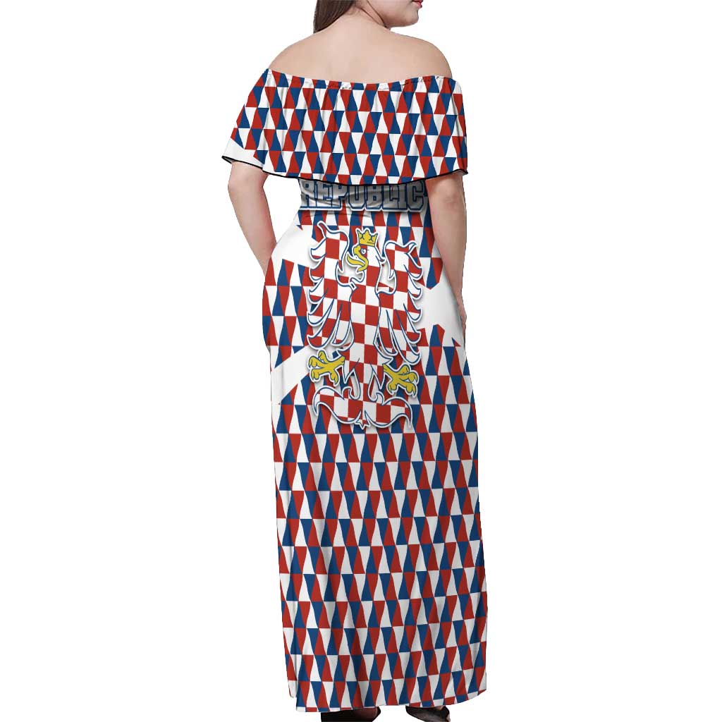 Czech Republic Off Shoulder Maxi Dress with Red Blue Geometric Design and National Lion Shield - Wonder Print Shop