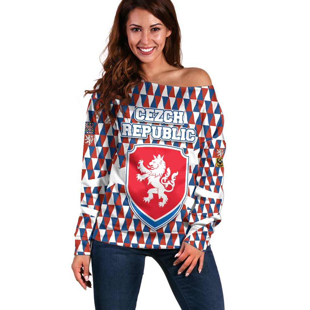 Czech Republic Off Shoulder Sweater with Red Blue Geometric Design and National Lion Shield - Wonder Print Shop